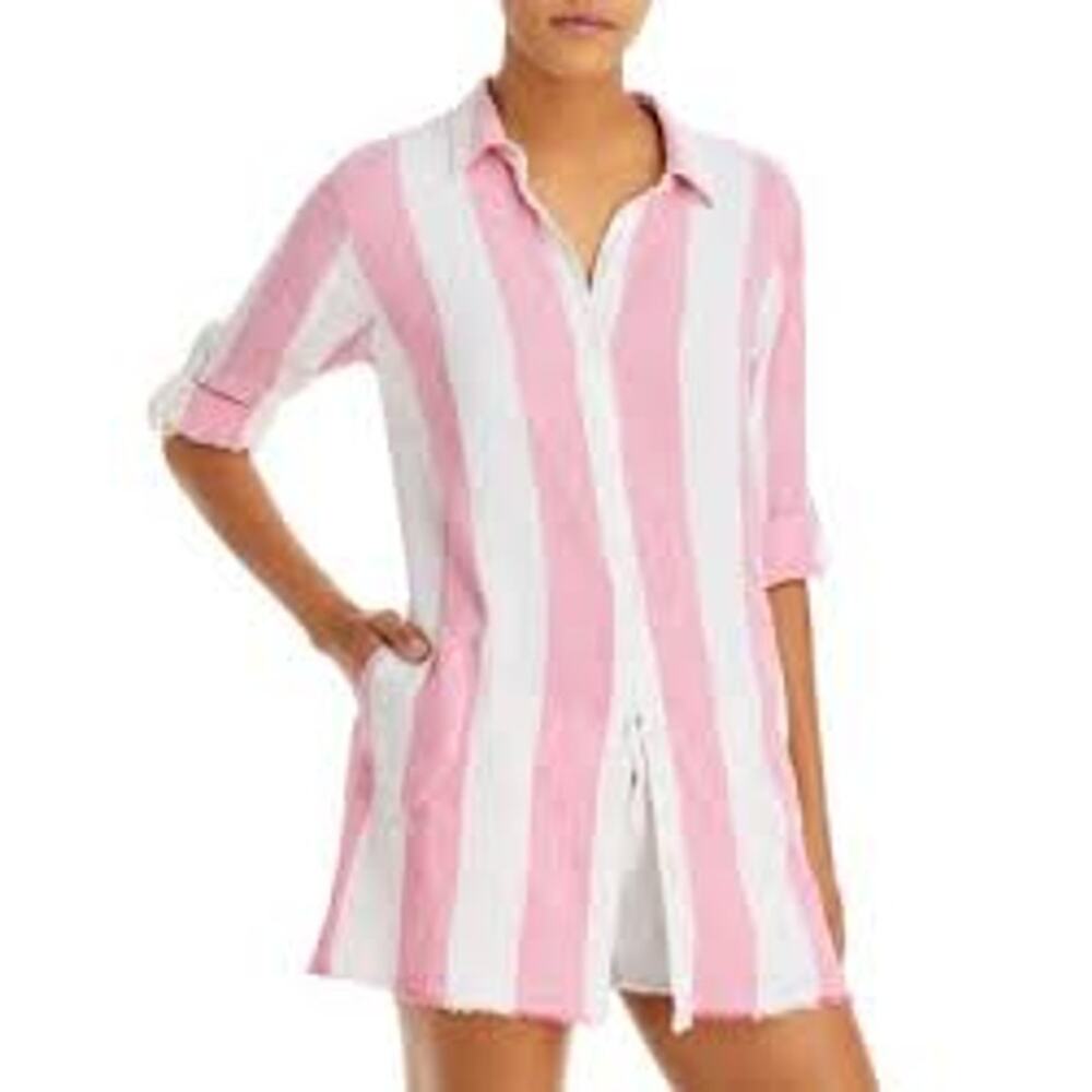 Tommy Bahama Rugby Beach Stripe Boyfriend Shirt Coverup Coral Coast L
